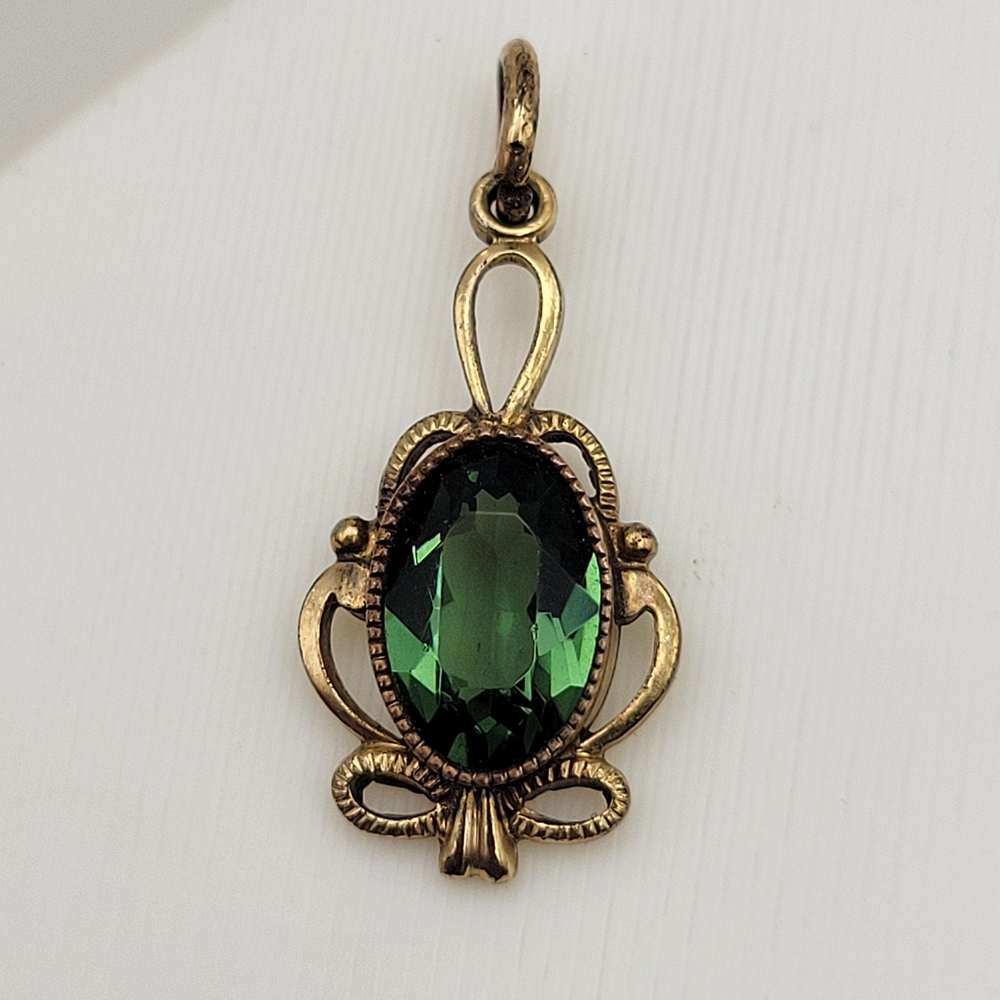 Vintage Antique Faceted Green Gemstone Gold Filled Unsigned Pendant